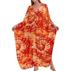 Women Orange Tie Dye V-neck Batwing Sleeve Flowy Split Hem Bohemian Kaftan Dress